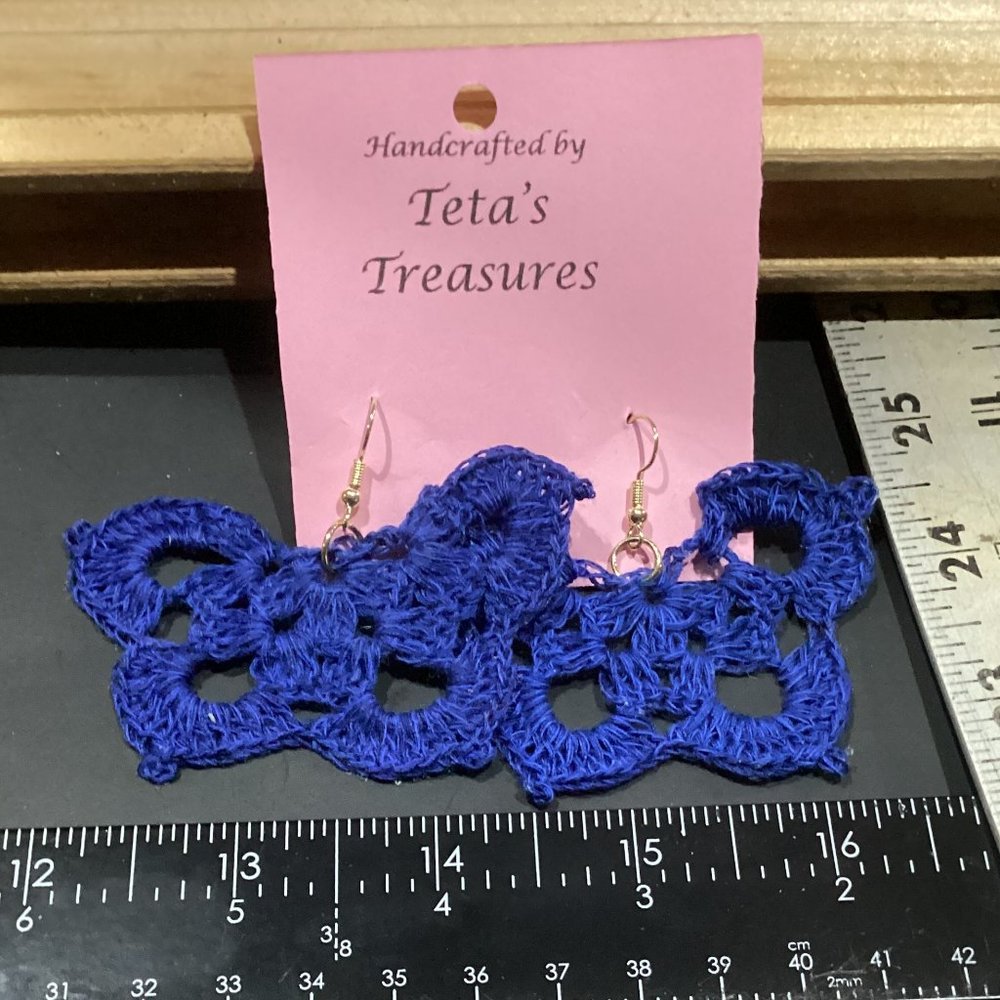 Earrings Royal Blue Butterfly Crocheted Crochet Hand Crafted